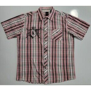 Karl Kani Button Shirt Mens X-Large Black Red Plaid Felt Logo Insignia XL Gold